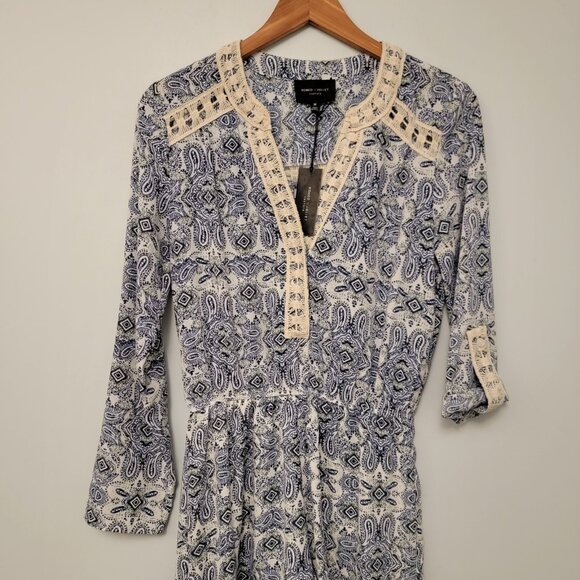 Romeo & Juliet Romper Couture‎ Blue Ivory Paisley Roll Tab Sleeve Medium NEW NWT - Picture 5 of 11